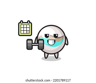 marble toy mascot cartoon doing fitness with dumbbell , cute design