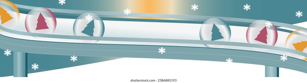 Marble track with rolling marble balls in a winter landscape. With snow and a watery sun. Happy Holiday banner, poster, event, or Christmas postcard. Colors blue, orange, red, and white background. 