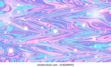 Marble unicorn abstract background. Liquid blue and pink watercolor texture with stars. Vector wavy illustration.