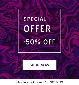 Marble vector art pattern. Modern and original liquid texture.
Sale banner template for social media. Feminine abstract background. Fluid modern style.Colors purple, pink, black