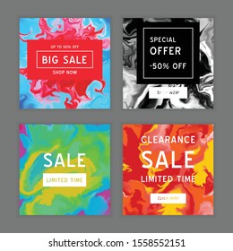 Marble vector art pattern. Modern and original liquid texture.
Sale banners set. Collection of templates for social media. Feminine abstract background. Fluid modern style.