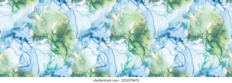 Marble Vector Ink. Green Abstract Watercolor. Blue Marble Background. Foil Art Paint. Gold Geode Elegant Repeat. Metal Water Color. Alcohol Ink Background. Luxury Abstract Template. Golden Canvas.