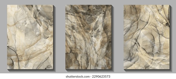 Marble vector set texture background for cover design, poster, cover, banner, flyer, cards and design interior. Tile. Floor. Wall. Beige and grey stone texture. Hand-drawn luxury marbled illustration.