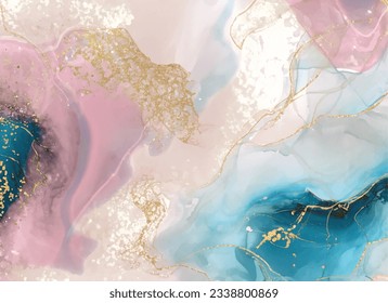 Marble Wall poster, Abstract blue, gold, pink and white marble alcohol ink drawing effect, Background abstract