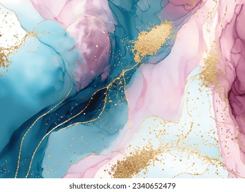 Afiche de Mármol, resumen azul oscuro, rosa, dorado y blanco efecto de dibujo de la tinta de alcohol, fondo abstracto