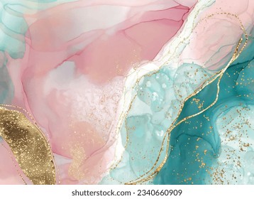 Marble Wall poster, Abstract pastel pink and teal, gold and white marble alcohol ink drawing effect, Background abstract