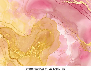 Marble Wall poster, Abstract pink, yellow gold and white marble alcohol ink drawing effect, Background abstract