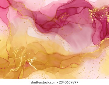 Afiche de Mármol, efecto de dibujo de la tinta del alcohol de color rojo abstracto, amarillo, dorado y blanco, Resumen de fondo