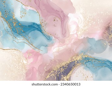 Marble Wall poster, Abstract shades of blue, gold, pink and white marble alcohol ink drawing effect, Background abstract