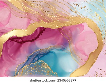 Marble Wall poster, Abstract violet, yellow, gold and light blue marble alcohol ink drawing effect, Background abstract