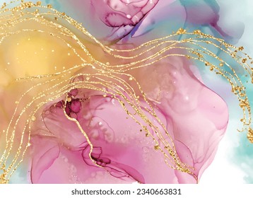 Marble Wall poster, Abstract violet, yellow, gold and teal marble alcohol ink drawing effect, Background abstract