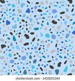 Marble wallpaper. Abstract terrazzo seamless pattern on blue background. Modern backdrop textured. Natural stone, granite, quartz shapes backdrop.