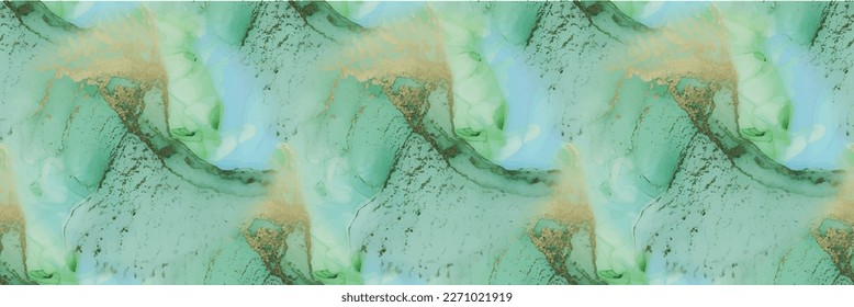 Marmorwasserfarbe. Ink Vectormarmor. Rosa Nahtlose Aquarellfarbe. Bronze-Alkohol-Tinte. Grüne Tinte. Moderne Nahtlose Malerei. blauer Marmor-Hintergrund. Goldener Hintergrund. Flüssigkeitsnahtloser Glitter.