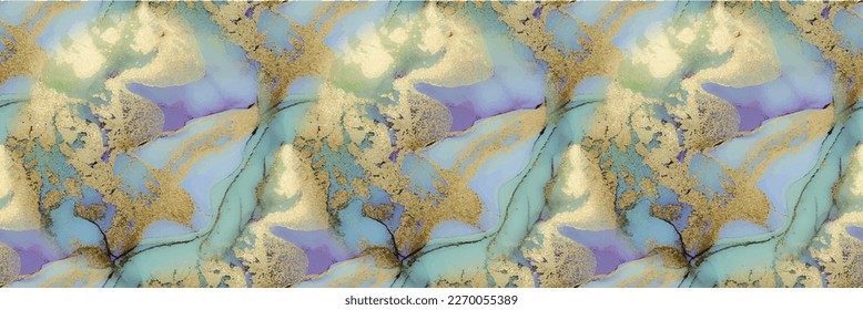 Marble Water Color. Modern Seamless Template. Vector Ink Background. Shiny Alcohol Ink. Blue Gradient Watercolor. Foil Ink Paint. Gold Marble Background. Luxury Canvas. Green Vector Seamless Repeat.