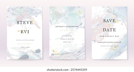 Marble Watercolor Set Vector Background. Template Wedding Art Design. Gold Luxury Spray on Marble Texture. Pastel Tones Style. Classic Minimalistic Invitation. Creative Cover for Brochure, Artwork.