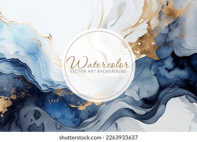 Marble watercolor vector background. Abstract watercolour pattern in alcohol ink technique with golden foil ornate splashes.