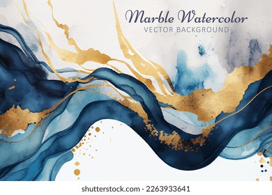 Marble watercolor vector background. Abstract watercolour pattern in alcohol ink technique with golden foil ornate splashes.