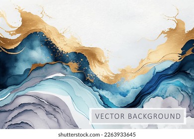 Marble watercolor vector background. Abstract watercolour pattern in alcohol ink technique with golden foil ornate splashes.