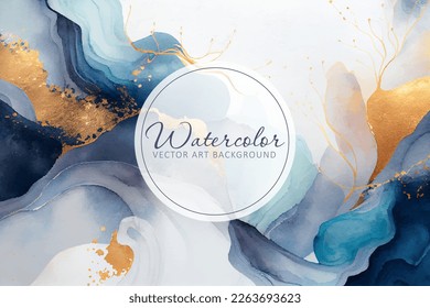 Marble watercolor vector background. Navy blue abstract watercolour painting in alcohol ink technique with golden foil textured splashes.