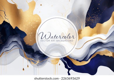 Marble watercolor vector background. Navy blue abstract watercolour painting in alcohol ink technique with golden foil textured splashes.