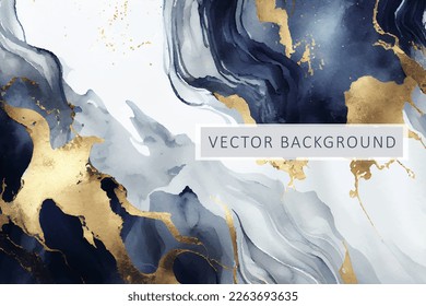 Marble watercolor vector background. Navy blue abstract watercolour painting in alcohol ink technique with golden foil textured splashes.