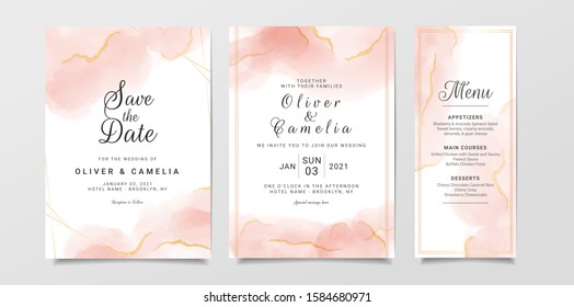 Marble watercolor wedding invitation card template set with golden line decoration. Peach abstract background save the date, invitation, greeting card, multi-purpose vector