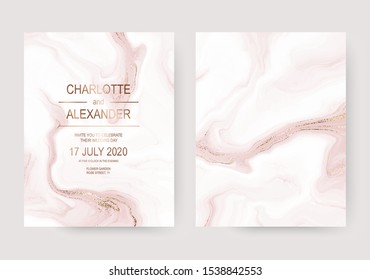 Marble wave splash invitation design cards with gold texture.