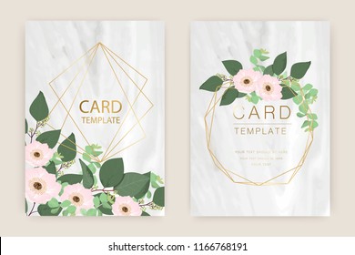 Marble Wedding Card Template With Romantic Greenery,Eucalyptus, Woodsy   ,Dusty Pink Wreath and luxury gold Vector illustration.
