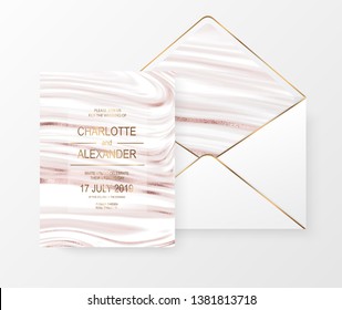 Marble wedding celebration design card and envelope with rose gold stripes.