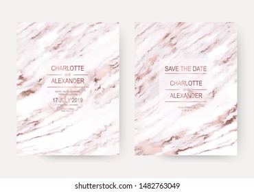 Marble wedding design invitation backgrounds with rose gold wavy stripes.