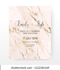 Marble wedding invitation card with gold glitter veins.