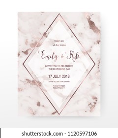 Marble wedding invitation card with rhombus frame and rose gold veins.