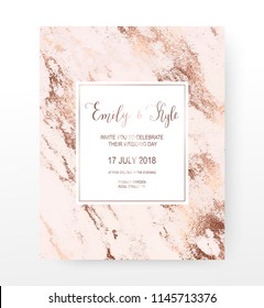 Marble Wedding Invitation Card With Rose Gold Veins Texture.