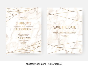 Marble wedding invitation cards design with gold lines.