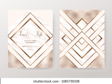 Marble wedding invitation cards with  geometric shapes and gold glitter texture.