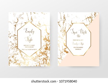 Marble wedding invitation cards with  gold geometric shapes and golden texture.