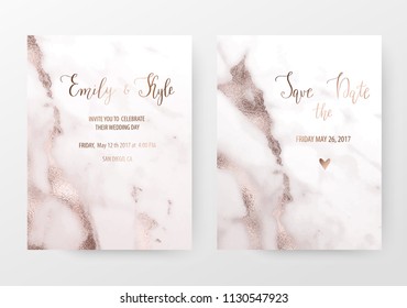 Marble Wedding Invitation Cards With Rose Gold Diagonal Texture.