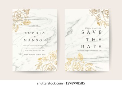 Marble Wedding invitation. Design with White Marbling background and golden rose decoration. Can be adapt to covers design, RSVP, brochure, Packaging, Magazine, Poster and Greeting cards. Vector 