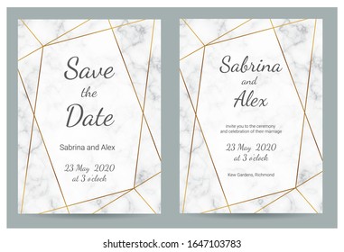 Invitación a la boda de mármol. Ajuste con invitación y guarde la tarjeta de fecha en fondo de mármol blanco. Conjunto de bodas