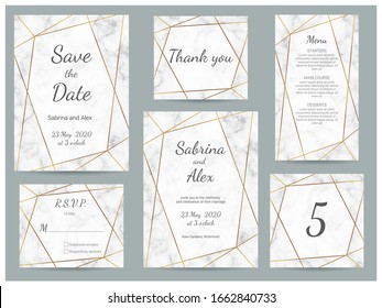 Marble wedding invitation. Set with invitation, Save the date, Thank you card, RSVP, menu and table number on white marble background. Wedding set
