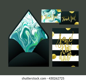 Marble wedding print set. Invitation cards and envelope vector templates with sea blue and ocean green liquid acrylic drips. Hand written glitter gold blots and calligraphy elements. Striped texture.