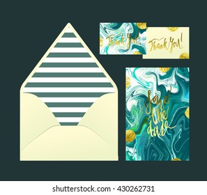 Marble wedding print set. Invitation cards and envelope vector templates with sea blue and ocean green liquid acrylic drips. Hand written glitter gold blots and calligraphy elements. Striped texture.