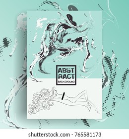 Marbled abstract background. Liquid marble pattern. Mint color business template. Sunbathing woman.