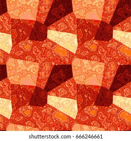 Marbled background of polygons. Red, pink and yellow veined marble texture
