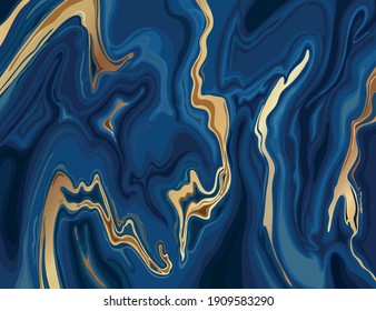 Marbled blue and gold abstract background texture. Indigo realistic liquid marble wallpaper luxury pattern with golden swirls .