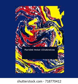 Marbled blue and yellow abstract background. Liquid marble pattern. Vector fluid texture.