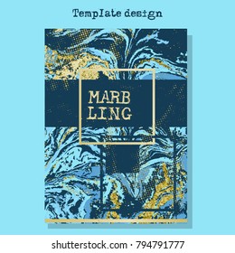 Marbled gold and blue abstract background. Liquid marble pattern. Vector fluid texture. Business template design.