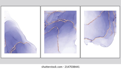 Marbled ink blue with gold wall art poster set collection. Vector illustration template.