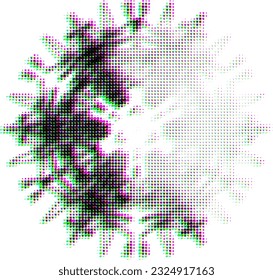 Marbled mandala with halftone optical blur and glitch effect  with shifted CMYK spectrum. Discoloration of the right sector with lighting. Space for copy text. Vector. 