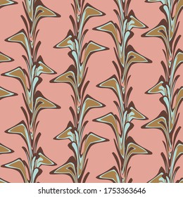 Marbled paper seamless vector pattern in pink, rown and blue. Traditional dyeing technique inspired surface print design. For fabrics, stationery, and packaging.